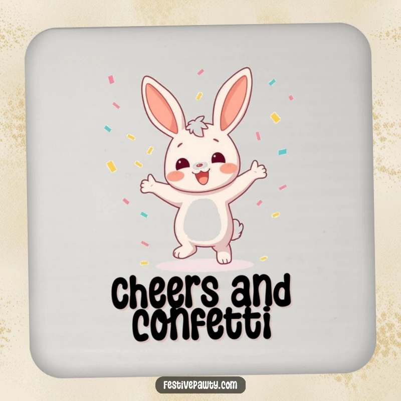 Funny Bunny Coasters: A set of coasters showcasing a joyful bunny character dancing with confetti raining down, perfect for preventing drink rings.