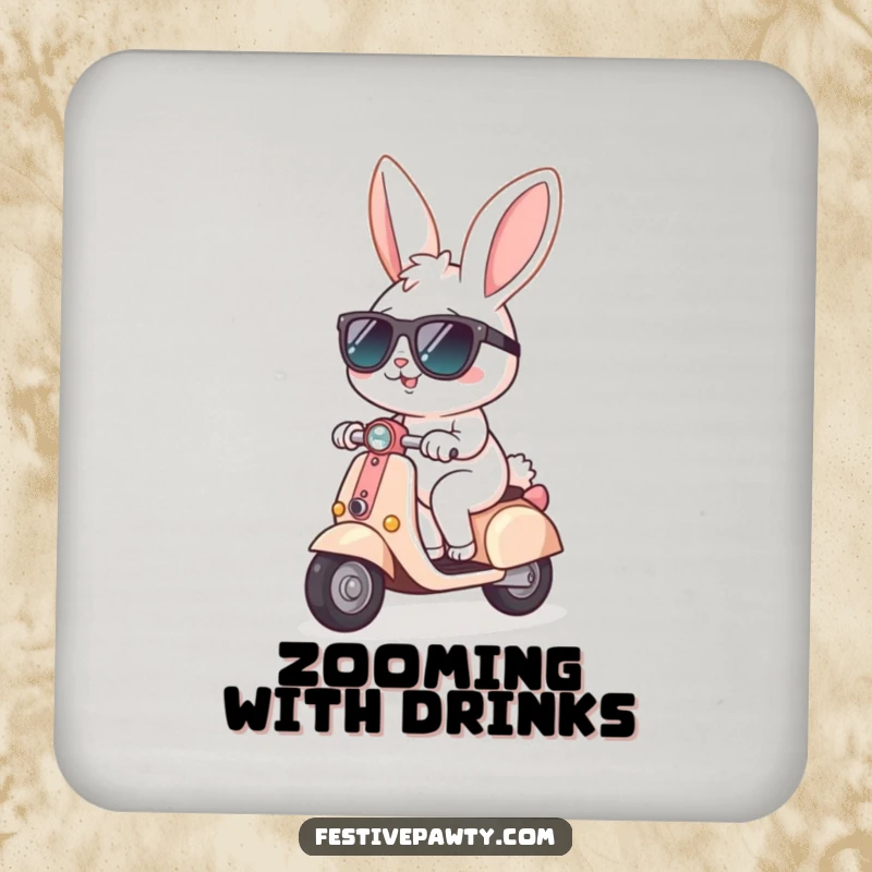 Funny Drink Coaster featuring a cheerful bunny wearing sunglasses, riding a tiny scooter, adding a touch of cool and fun style.
