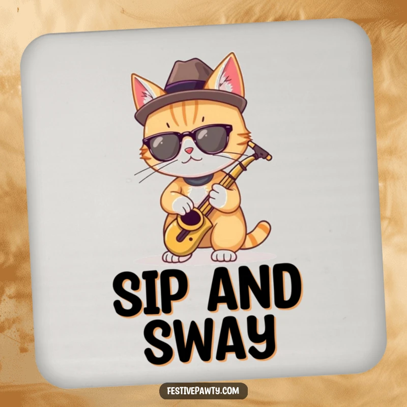 Funny coaster featuring a cool cat in a fedora, playing a miniature saxophone, protecting surfaces humorously.