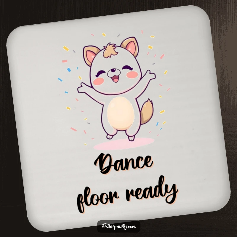 Funny animal character coaster in a dancing pose with confetti, adding festive fun to surfaces.