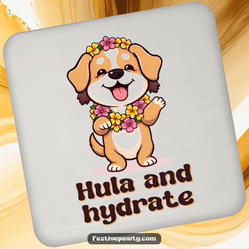 Funny coaster featuring a playful dog wearing a flower lei, doing a relaxed hula dance, protecting surfaces.