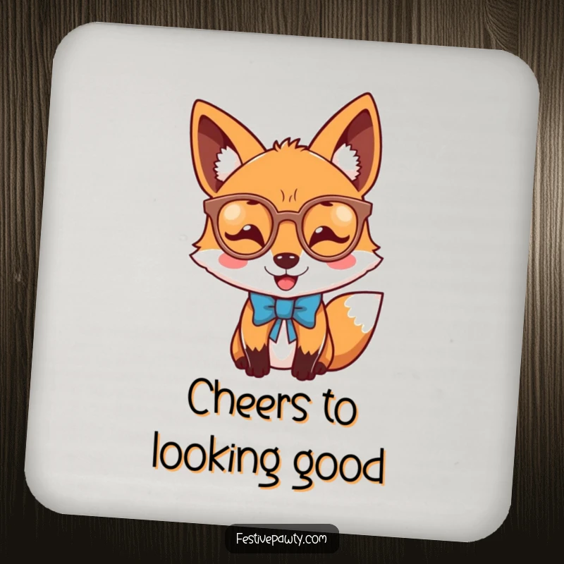 Funny joyful fox coaster with a dapper fox wearing novelty glasses and a bow tie, protecting tables with charm.