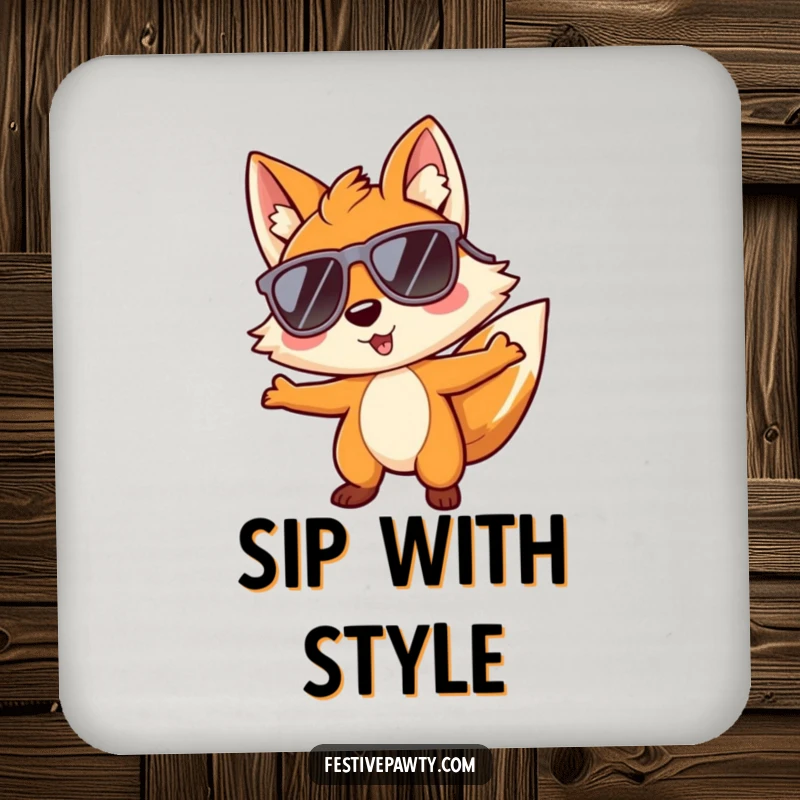 Funny drink coasters showcasing a playful fox character wearing oversized sunglasses and grooving, adding cool vibes to any table.