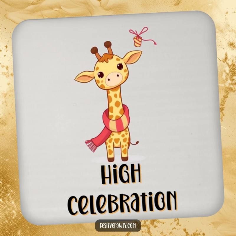 Funny Giraffe Coaster: A giraffe in a festive scarf reaches for a streamer, adding festive humor to your table settings.