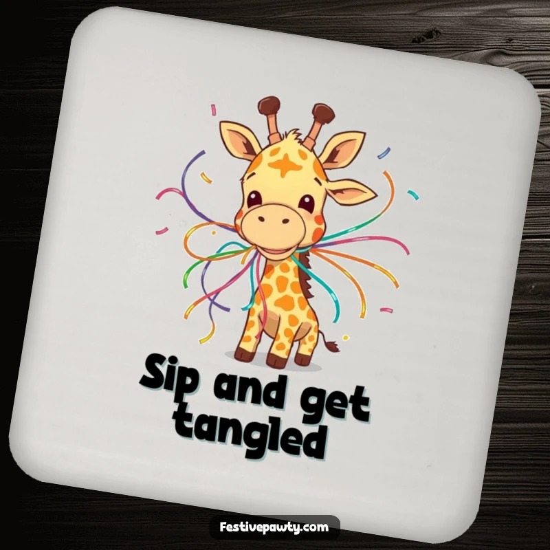Funny coaster depicting a giggling giraffe comically entangled in colorful streamers, adding a festive touch.