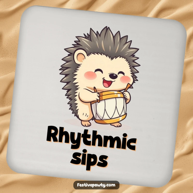 Funny hedgehog drink coaster, enthusiastically drumming a small drum with quills, providing humorous and rhythmic surface protection.
