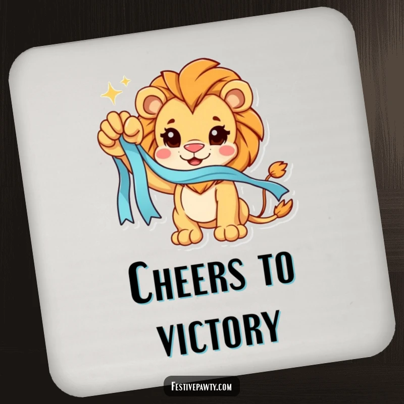 Funny Coaster: A triumphant lion character holds a sparkling ribbon, protecting surfaces with victorious charm.