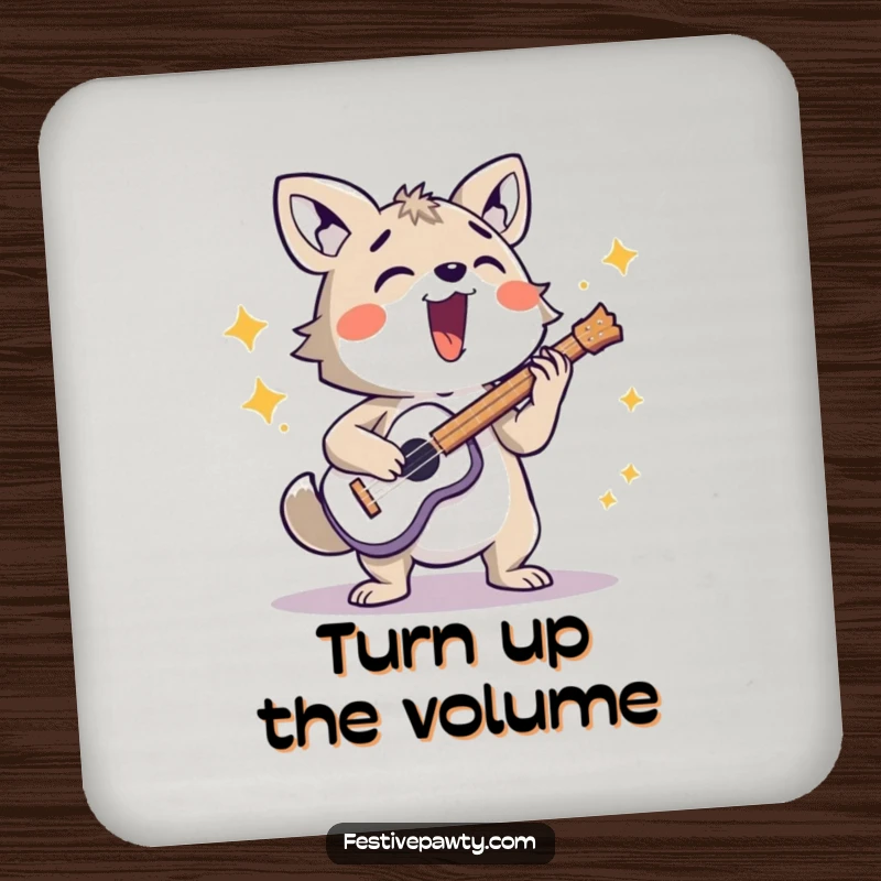 Funny drink coaster featuring an energetic animal character playing a musical instrument loudly, adding musical flair to tabletops.
