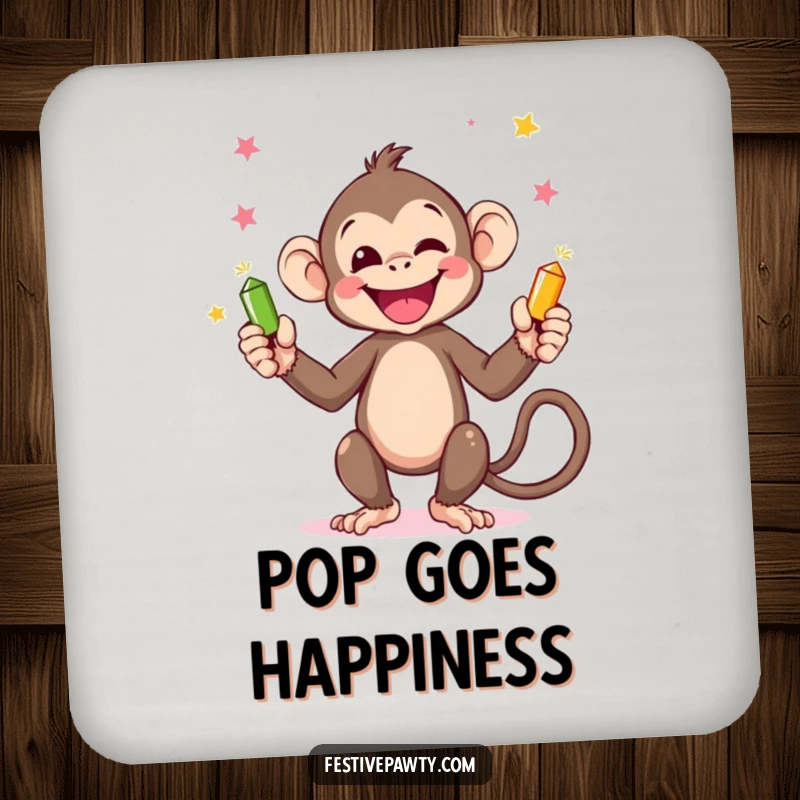 Funny Monkey Coaster: A happy monkey juggling small party poppers with its hands and tail, adding a humorous element to drink service.