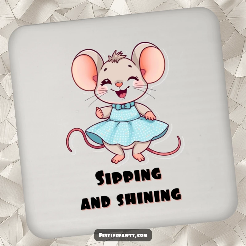 Funny Mouse Party Coaster: A delighted mouse character grins while trying on a sequined party dress, guarding your surfaces.