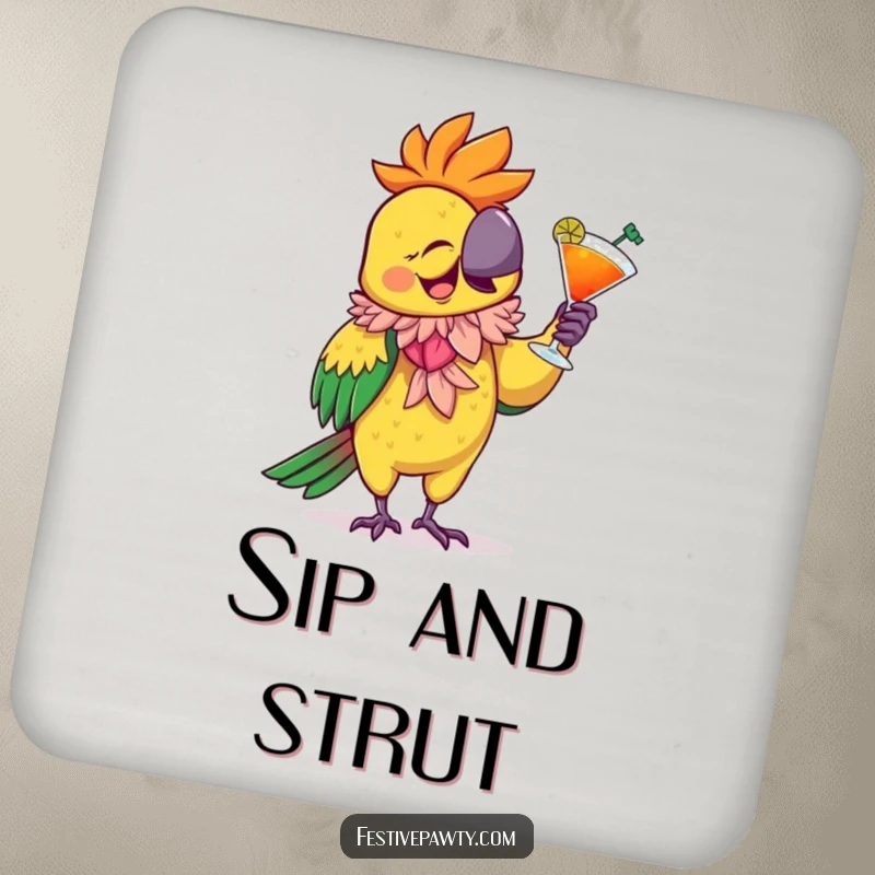 Funny Drink Coaster featuring a giggling parrot wearing a feathered boa, dancing with a cocktail, adding a touch of festive flair.