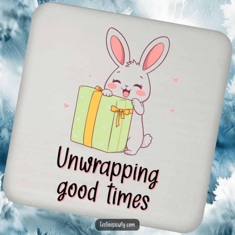 Funny Coaster: A joyful rabbit character unwrapping a huge present, adding a humorous touch to any surface.