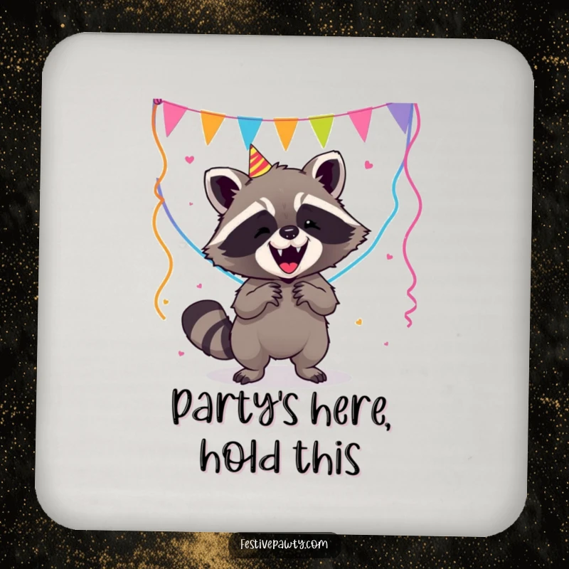 Funny Raccoon Drink Coaster: A humorous raccoon hilariously tangles with party streamers, protecting your table with a smile.