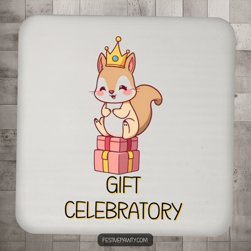 Funny Squirrel King Coaster: A crowned squirrel sits on a stack of gifts, adding royal humor to your table settings.