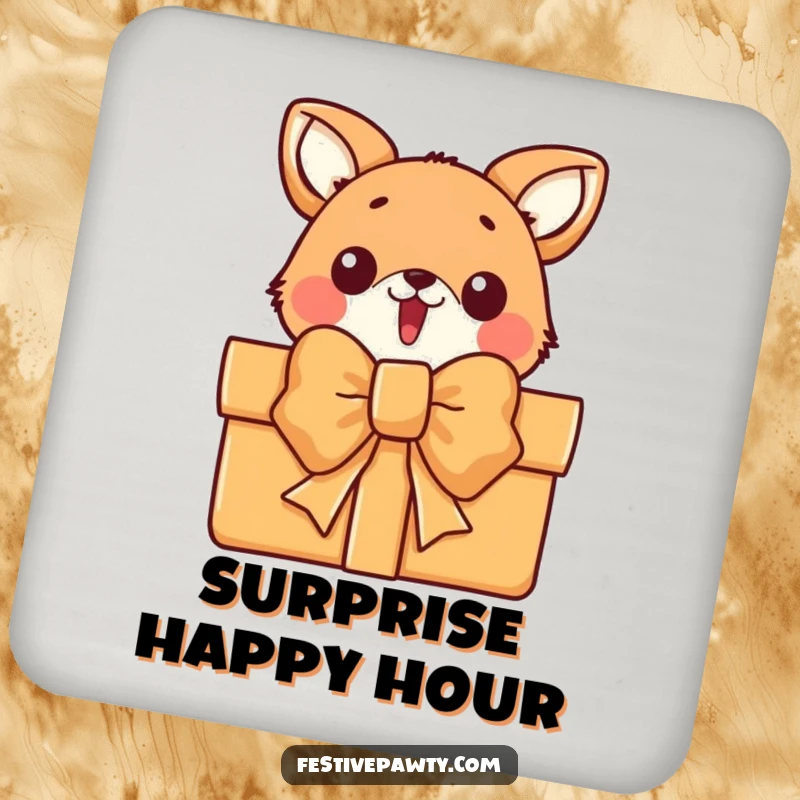 Funny drink coaster featuring a surprised animal character peeking from behind a large gift bow, adding whimsical protection.