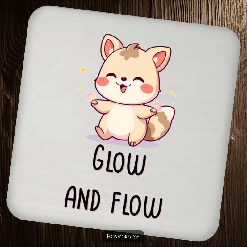 Funny drink coaster with a gleeful animal character juggling bright, glowing party lights, protecting surfaces with a touch of festive humor.