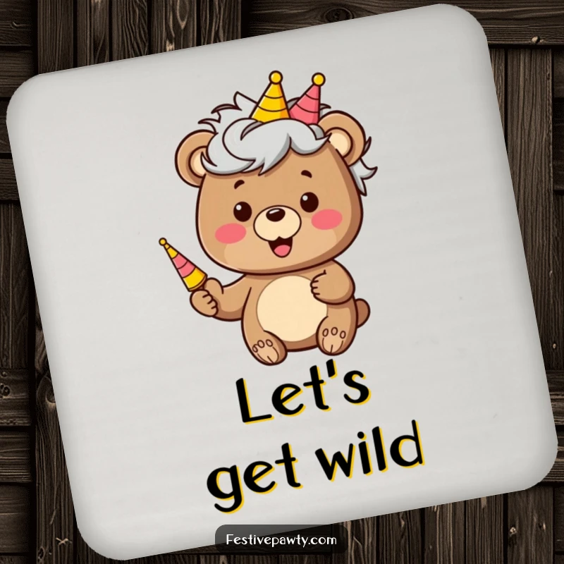 Funny drink coasters showcasing a bear character in a silly wig and holding a party horn, adding a festive touch to any table.