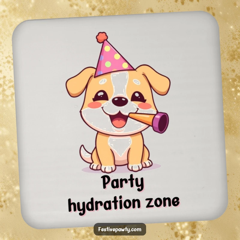 Funny dog character in a party hat blowing a noisemaker, on a drink coaster, adding a humorous element to tabletops.
