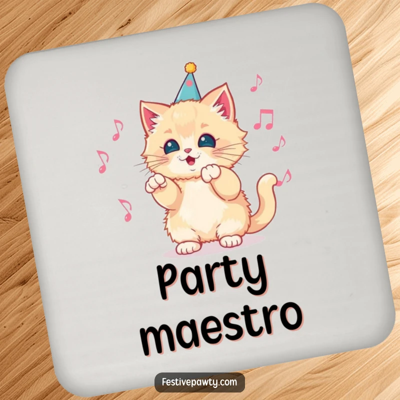Funny Drink Coaster featuring a fluffy kitten wearing a party hat, conducting a whimsical orchestra of musical notes, protecting surfaces with charm.