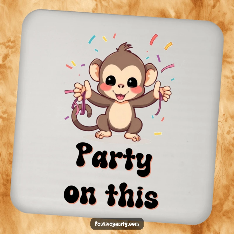 Funny Drink Coaster: A playful monkey tosses streamers, adding a splash of festive humor to your table.