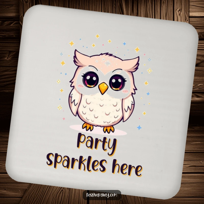 Funny Drink Coaster: A surprised owl is covered in glitter, adding a splash of dazzling humor to your table.
