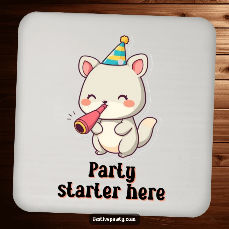 Funny animal character coaster wearing a party hat and blowing a noisemaker, adding festive flair to surfaces.