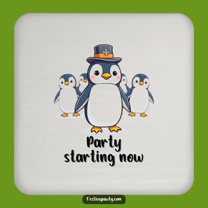 Funny Penguin Conga Line Coaster: A Dapper Bird Leads a Hilarious Celebration, Perfect Gift!