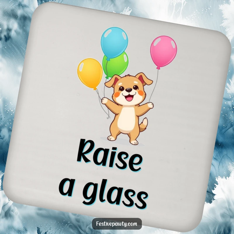 Funny Dog Coasters: A set of coasters showcasing a giddy dog juggling colorful balloons, perfect for preventing drink rings with personality.