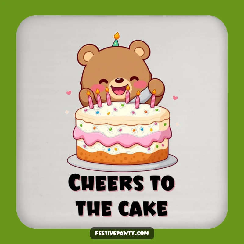 Set of Funny Birthday Bear Cake Slice Drink Coasters - Protect Surfaces with Festive Fun