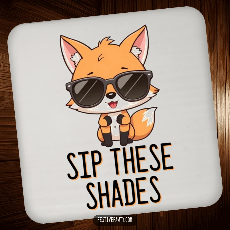 Funny drink coasters featuring a giggling fox in oversized sunglasses striking a diva pose, adding sassy style.