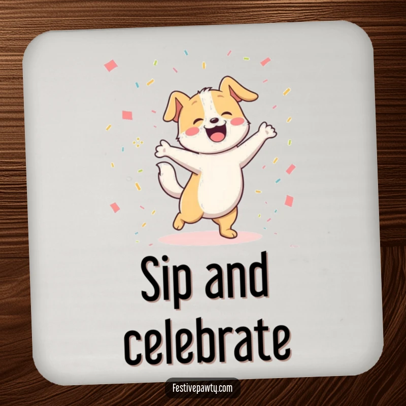 Funny joyful dog character happily dancing with its tail wagging furiously amongst colorful confetti, printed on a protective drink coaster. A funny home accessory.