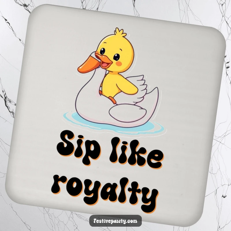 Funny Drink Coaster: A gleeful duck rides an inflatable swan, adding a splash of summer humor to your table.