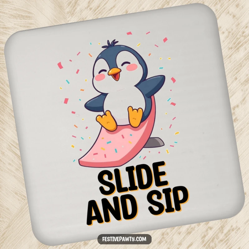 Funny Coaster: A giggling penguin character slides down a confetti-covered slide, protecting surfaces with arctic charm and amusement.