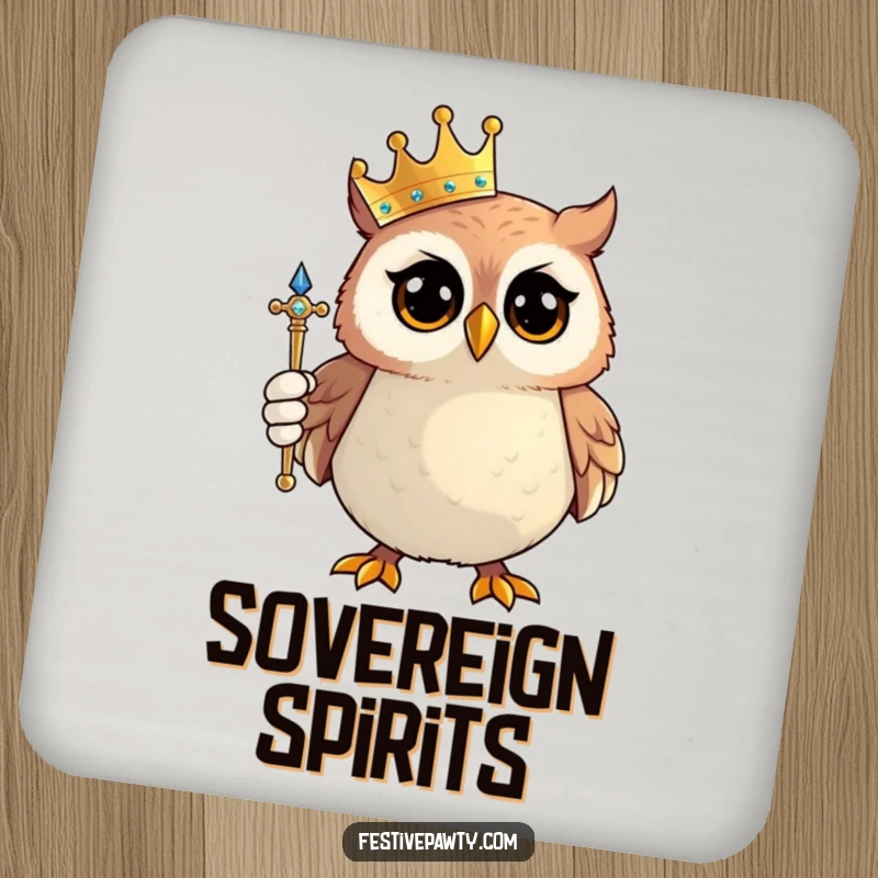 Funny Owl King Coaster: A proud owl character, complete with a tiny crown and sparkling scepter, guards your surfaces.