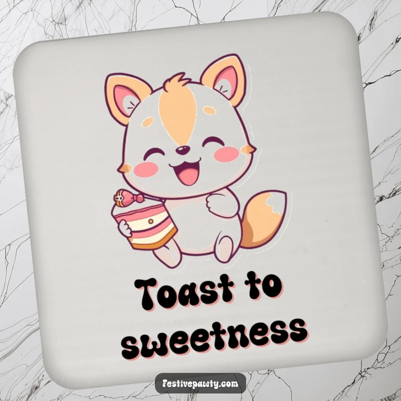 Funny drink coaster featuring an enthusiastic animal character holding a slice of cake, protecting furniture with humor.