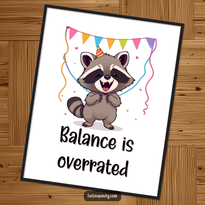 Funny Raccoon Poster: A comical raccoon humorously battles a flood of colorful party streamers, creating a festive and funny scene.