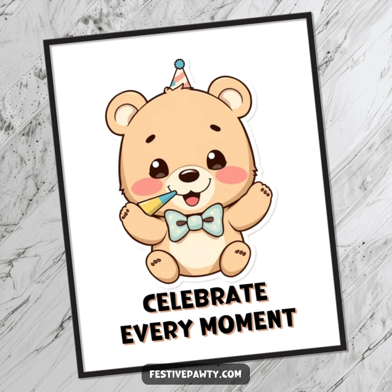 Funny poster print of a happy bear cub in a bowtie, enthusiastically blowing a party horn, creating a festive and joyful atmosphere.