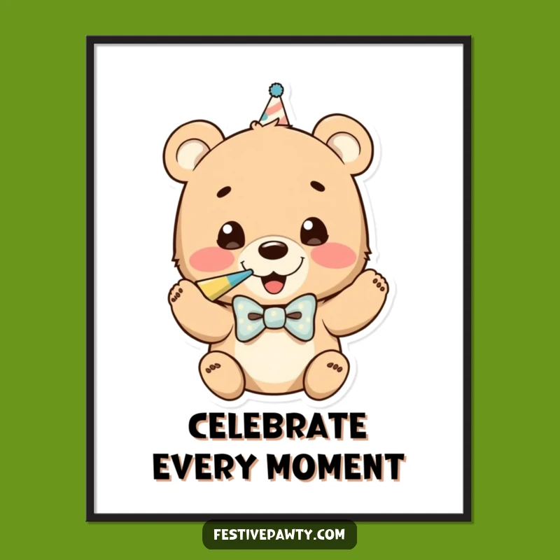 Funny Bear Cub Party Horn Poster: Vibrant & Humorous Wall Art Gift