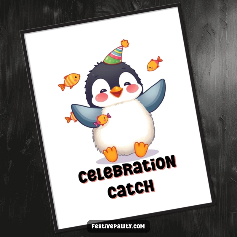 Funny penguin poster of a fluffy penguin in a party hat juggling colorful fish, adding festive cheer.