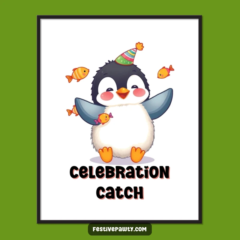 Funny Penguin Party Poster: Fluffy Penguin Juggling Fish Art Print