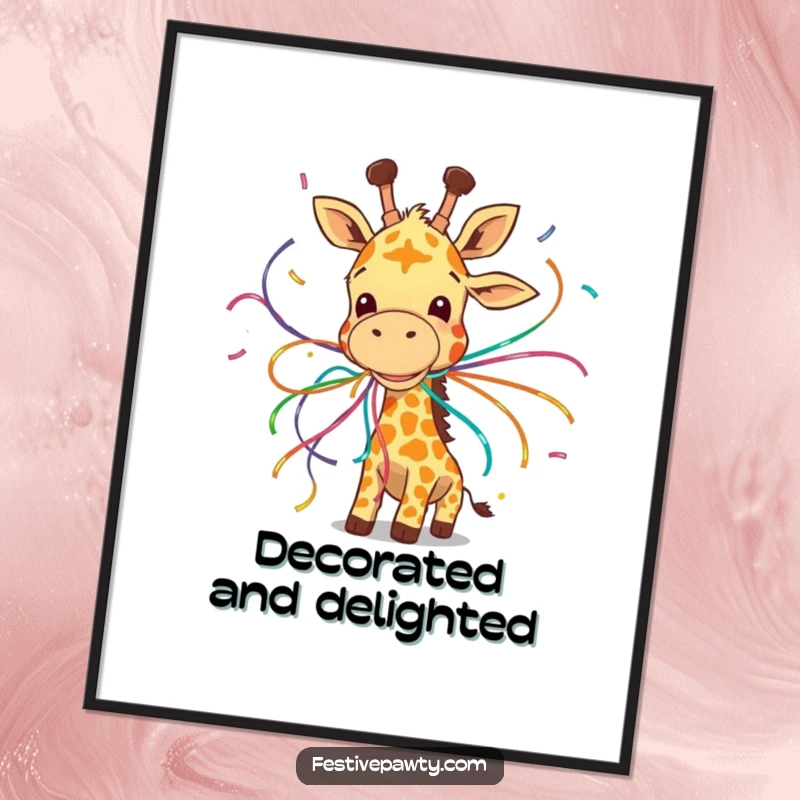 Funny poster showing a giggling giraffe comically tangled in a delightful mess of colorful party streamers.