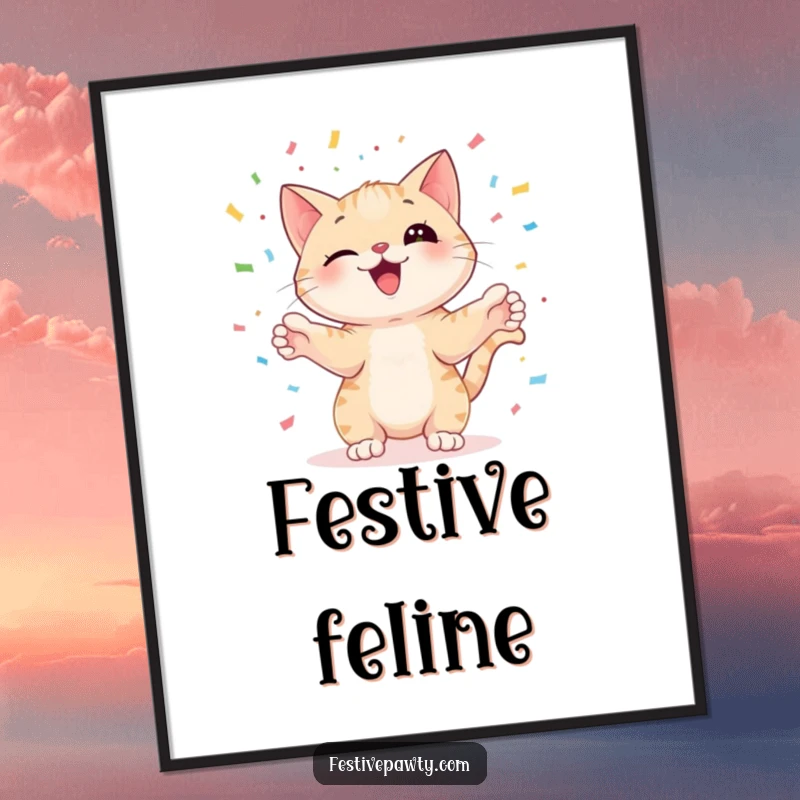 Funny, playful cat character juggling colorful confetti with its paws, featured on a poster for humorous wall art.