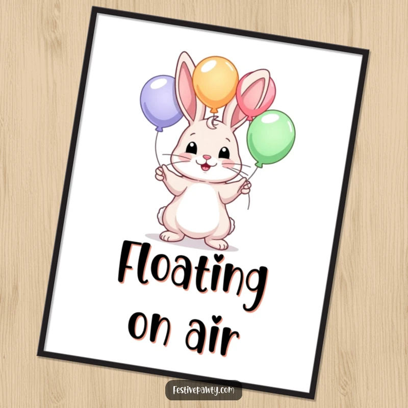 Funny poster showcasing a talented rabbit juggling colorful balloons with impressive skill and a joyful expression.