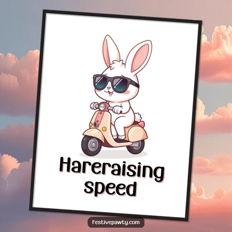 Funny Poster of a cheerful bunny wearing sunglasses, confidently riding a tiny scooter, radiating cool vibes and a sense of freedom.