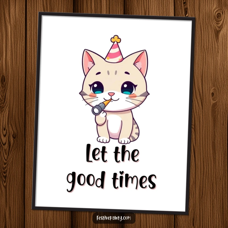 Funny Cat Poster: A lively illustration of a cheerful cat wearing a party hat and blowing a noisemaker, perfect for adding festive cheer to walls.