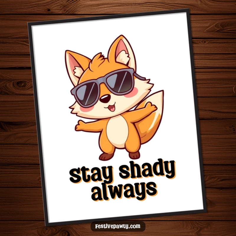 Funny poster featuring a playful fox character wearing oversized sunglasses and grooving to music, radiating a cool and fun vibe.