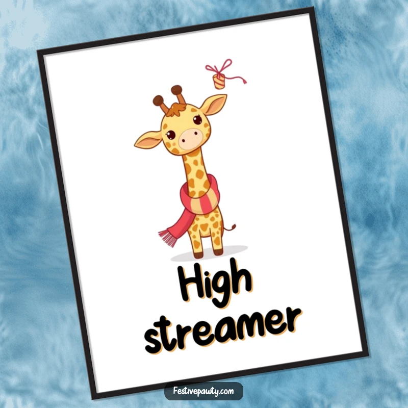 Funny Giraffe Poster: A giraffe in a festive scarf stretches high to reach a streamer, embodying joyful party humor on your walls.