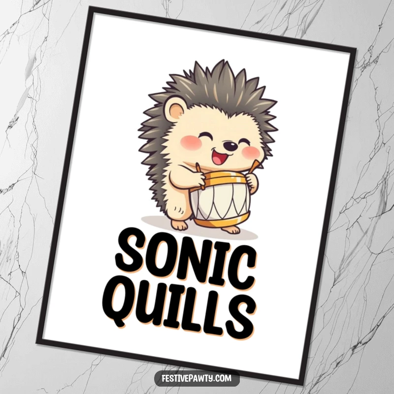 Funny hedgehog poster, happily playing a miniature drum using its quills, creating humorous and energetic musical wall art.