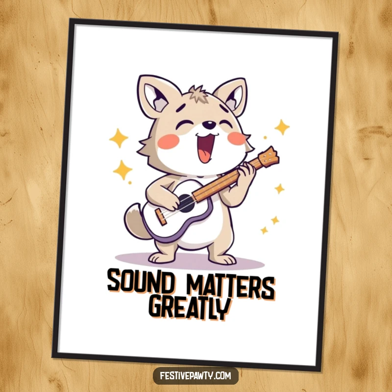 Funny energetic animal character poster print, playing a musical instrument with extreme loudness and enthusiasm, perfect for music rooms.
