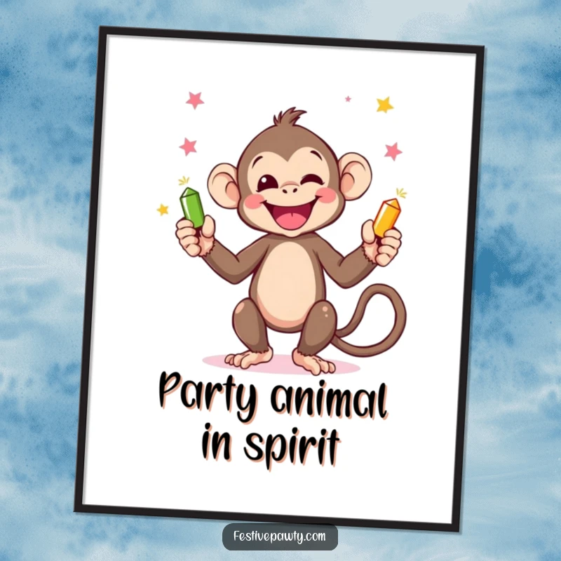 Funny Monkey Poster: A cheerful monkey juggling tiny party poppers with its hands and tail, creating a dynamic and amusing scene.